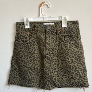 Zara Premium Denim Collection, Green Leopard Print Denim Mini Skirt, Size Medium